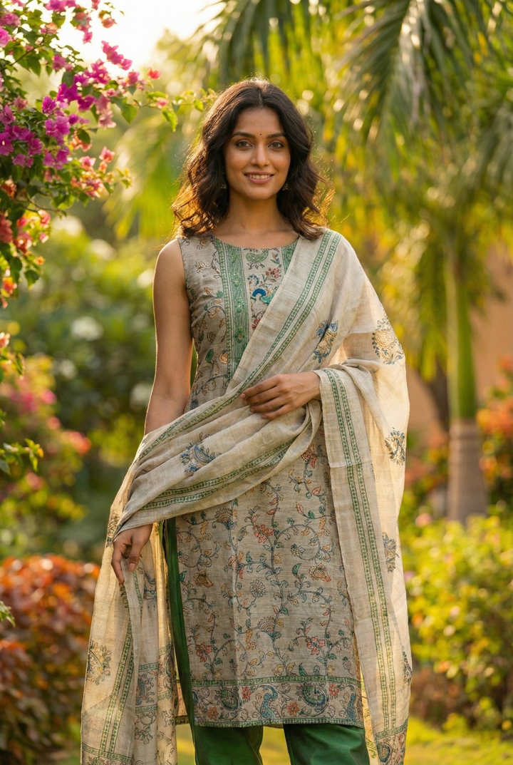 Green Chanderi Silk Floral Printed Three Piece Set