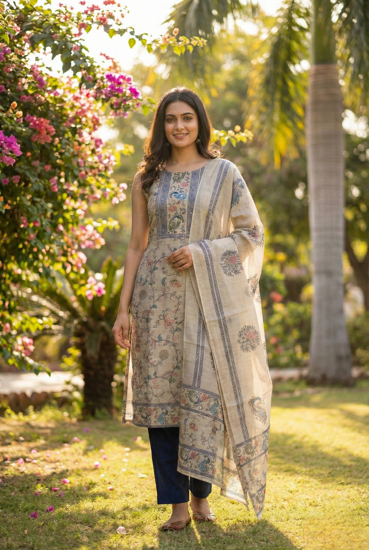 Navy Blue Chanderi Silk Floral Printed Three Piece Set