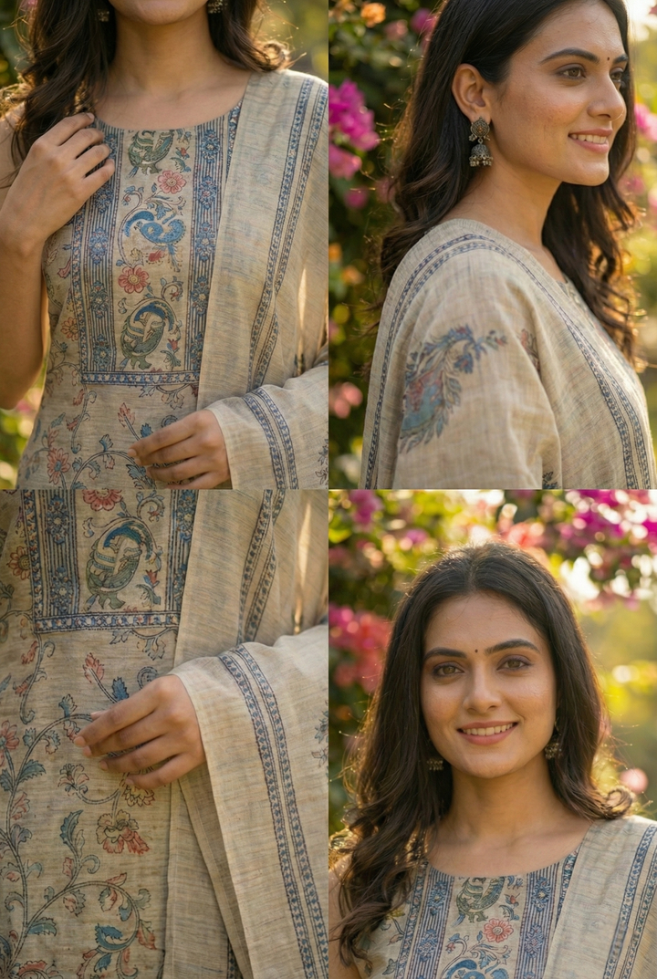 Navy Blue Chanderi Silk Floral Printed Three Piece Set