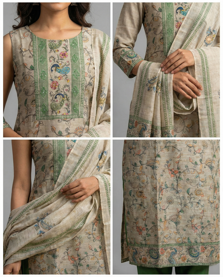 Green Chanderi Silk Floral Printed Three Piece Set