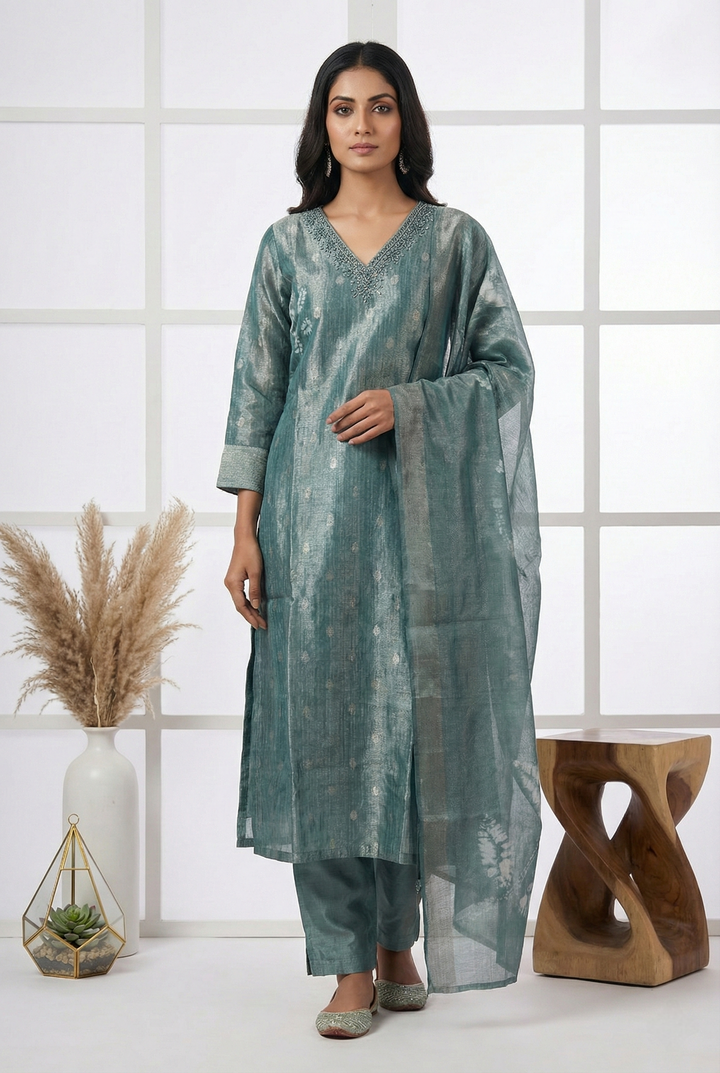 Sea Green Tissue Printed Three Piece Set