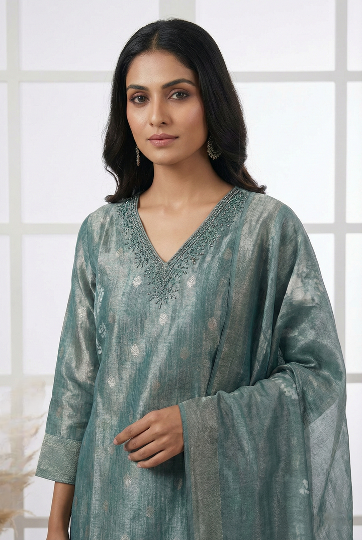 Sea Green Tissue Printed Three Piece Set