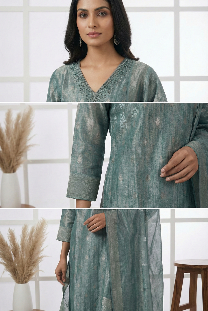 Sea Green Tissue Printed Three Piece Set