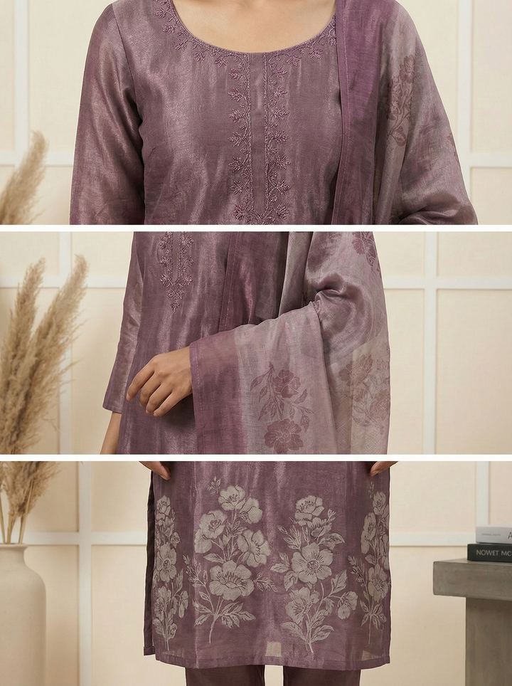 Neerus Maroon tissue printed suit set - side view