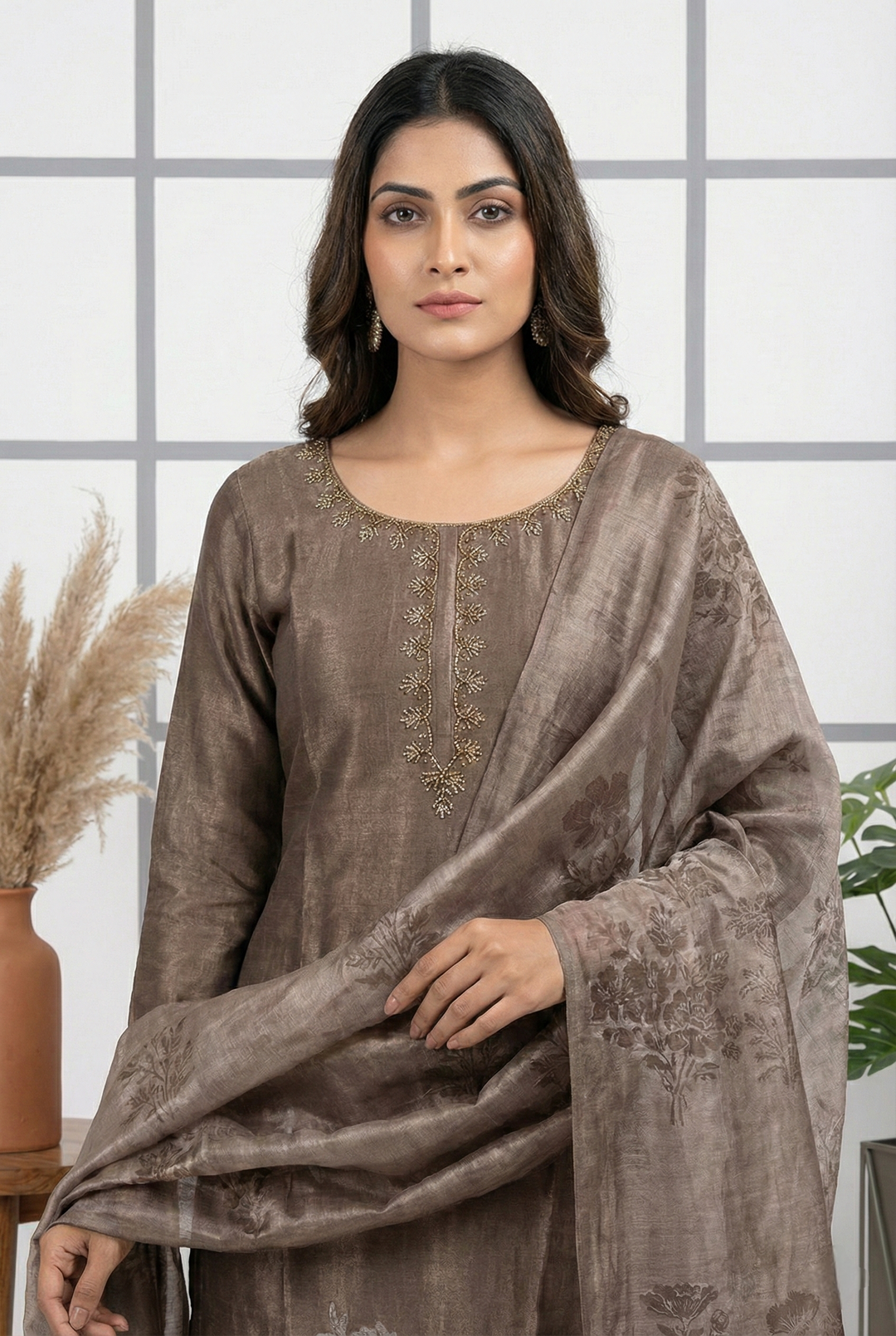 Neerus Brown tissue printed suit set - back view