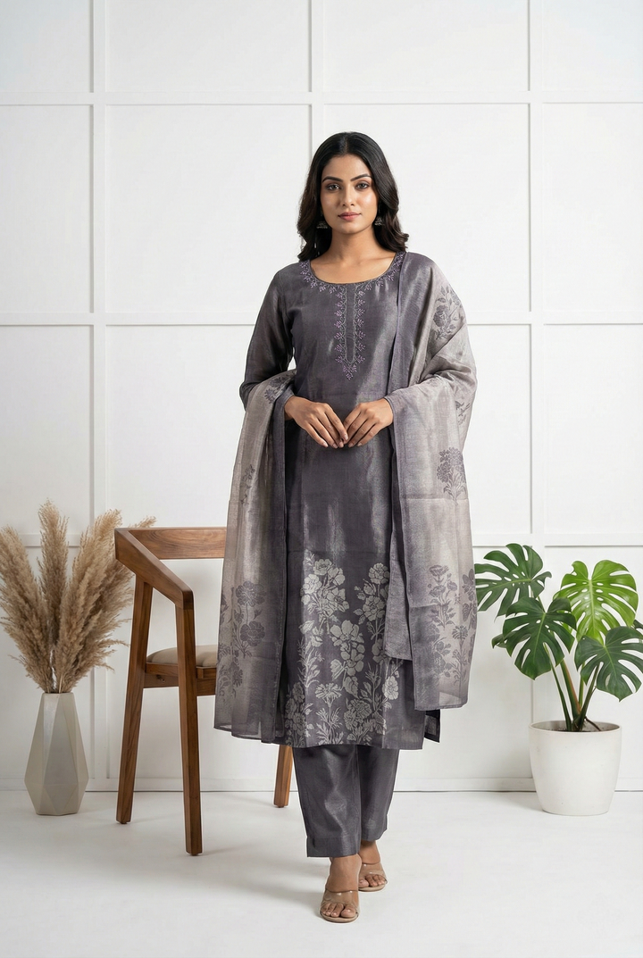Neerus Purple tissue printed suit set - front view