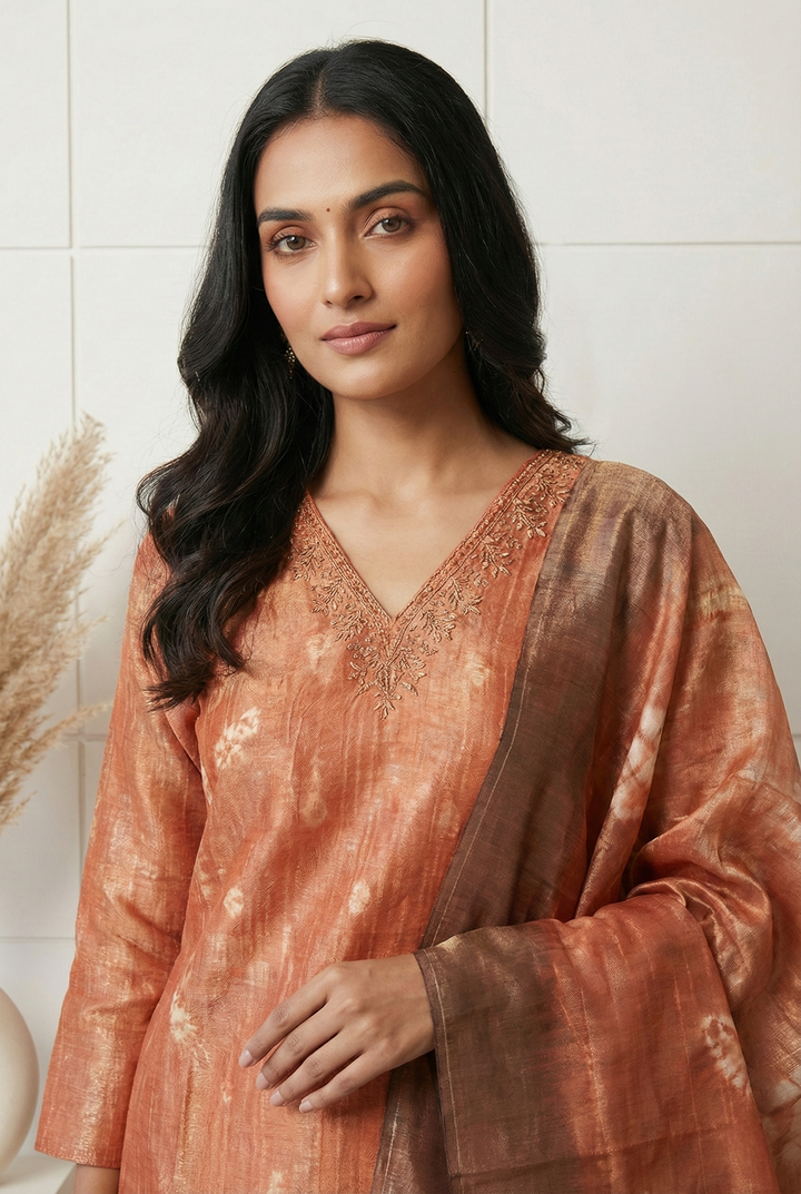 Peach Tissue Printed Three Piece Set