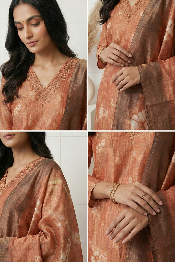 Peach Tissue Printed Three Piece Set