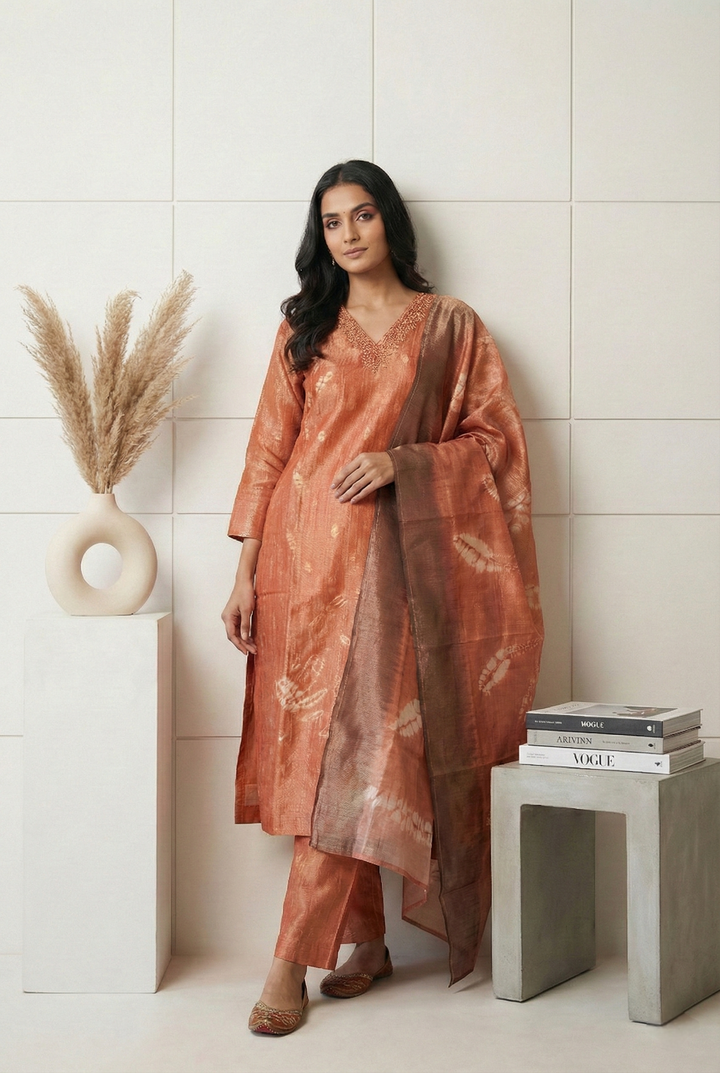 Peach Tissue Printed Three Piece Set