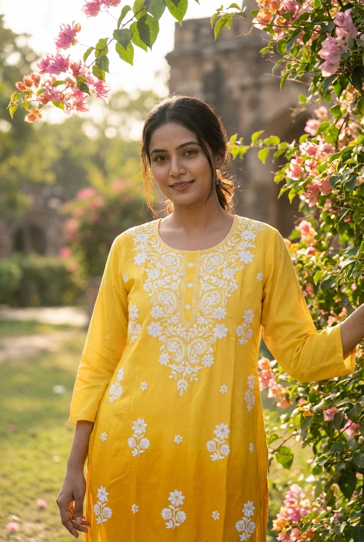 Yellow Rayon Floral Hand Embroidery Kurta