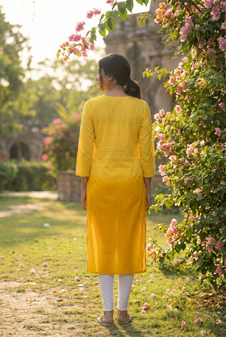Yellow Rayon Floral Hand Embroidery Kurta