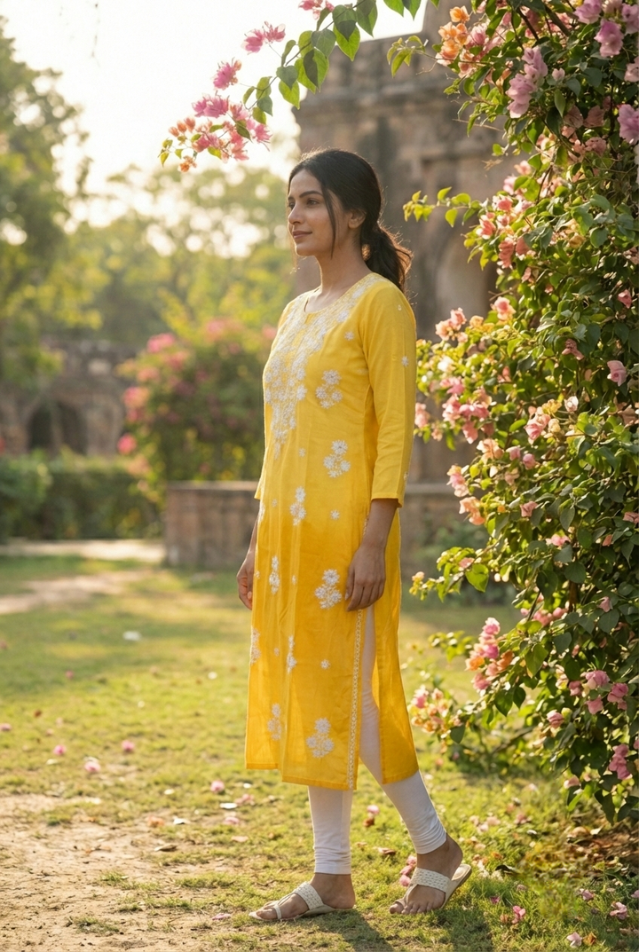 Yellow Rayon Floral Hand Embroidery Kurta