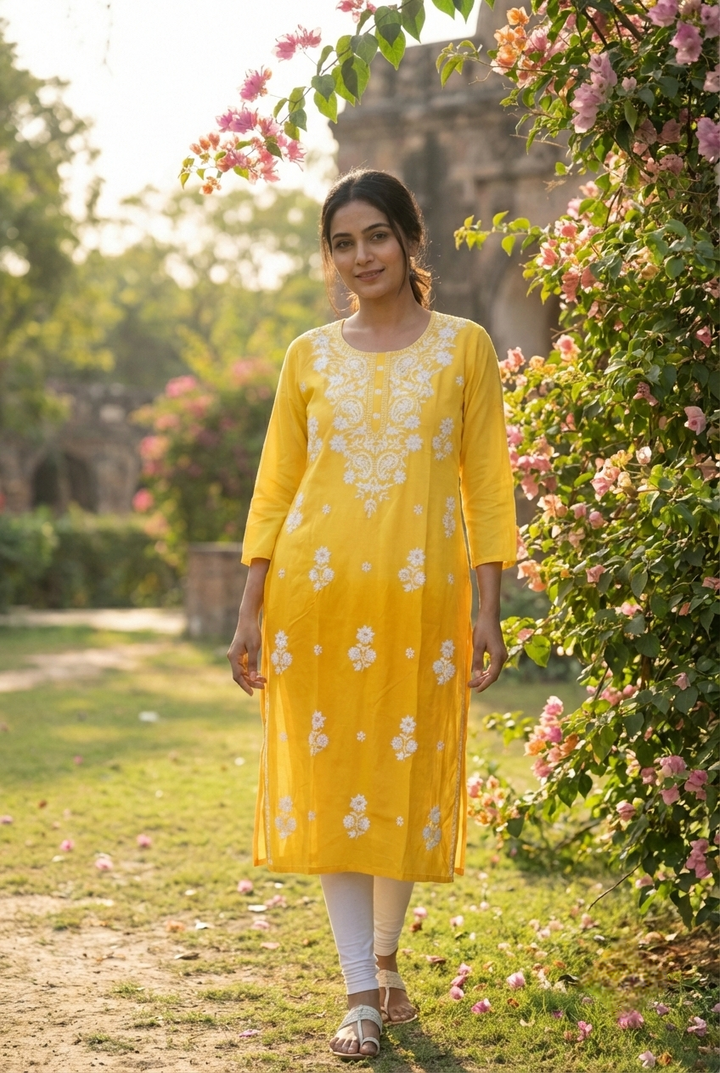 Yellow Rayon Floral Hand Embroidery Kurta