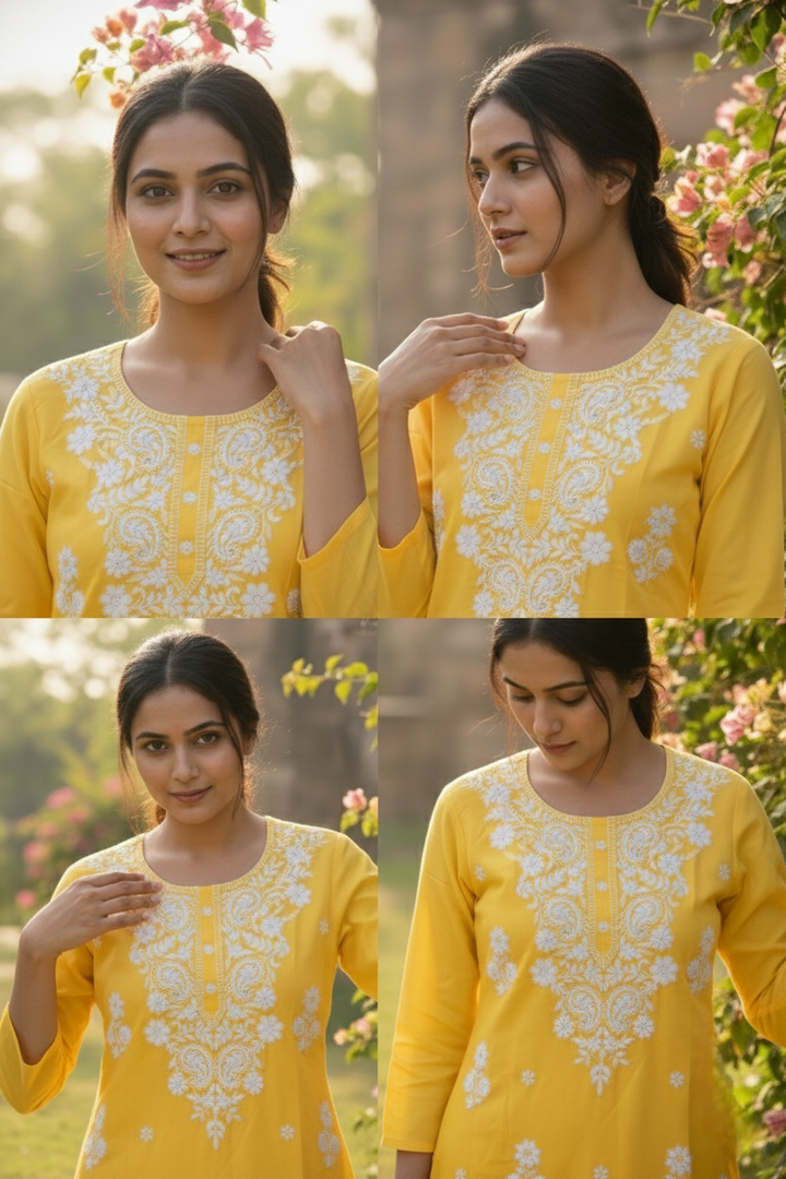 Yellow Rayon Floral Hand Embroidery Kurta