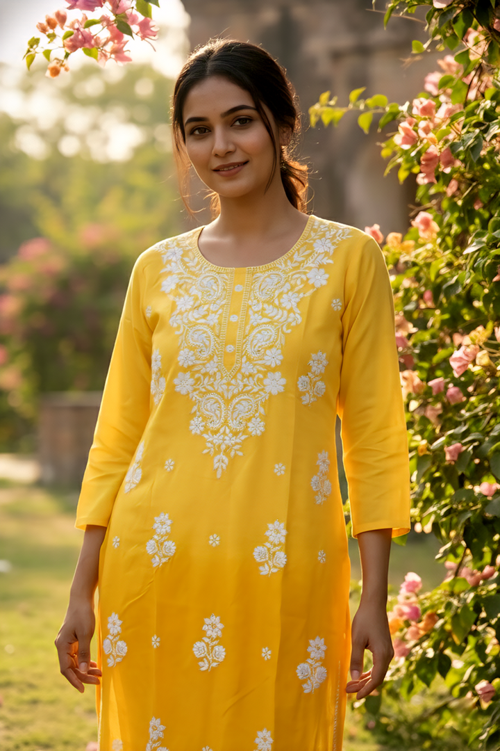 Yellow Rayon Floral Hand Embroidery Kurta