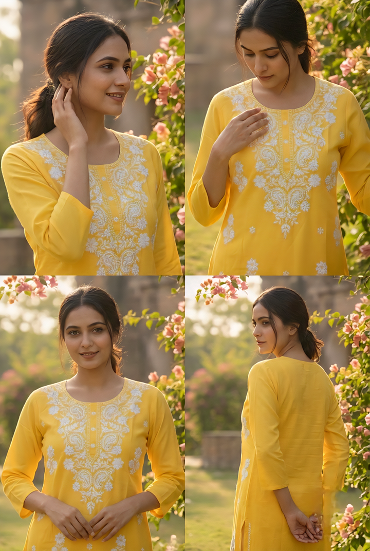 Yellow Rayon Floral Hand Embroidery Kurta