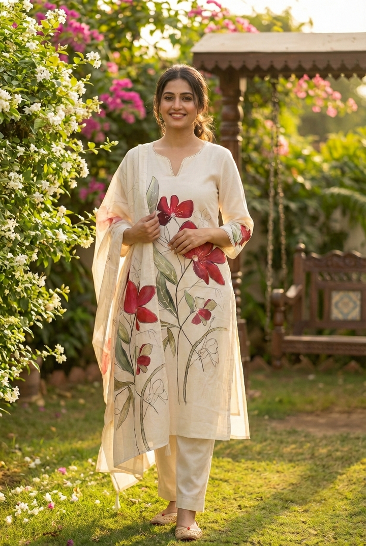 Neerus Maroon linen printed suit set - front view