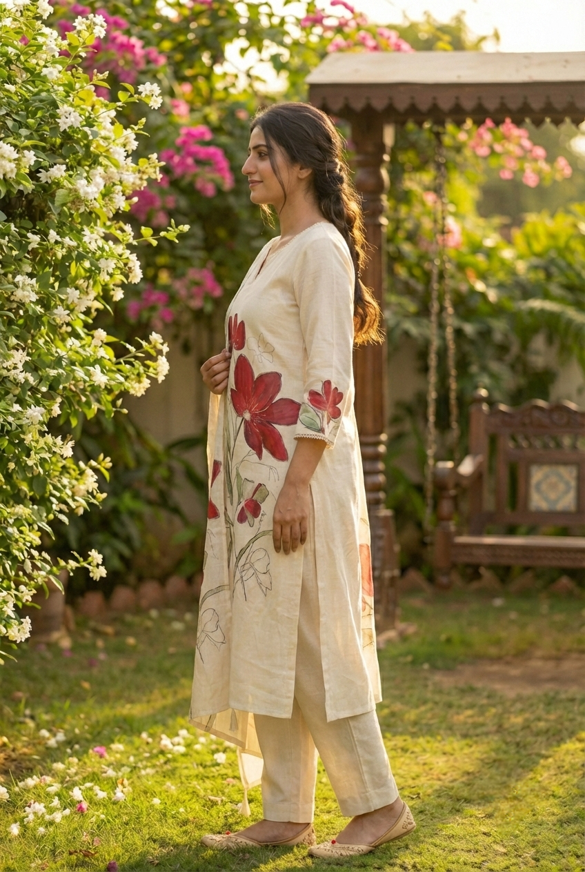 Neerus Maroon linen printed suit set - side view