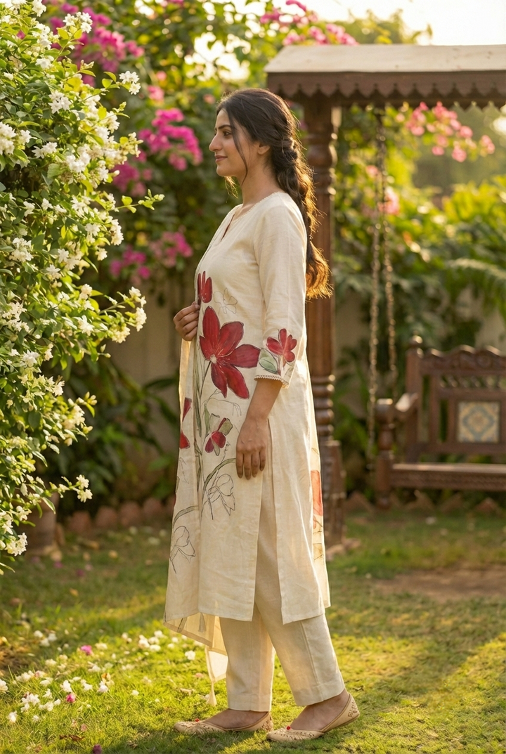 Neerus Maroon linen printed suit set - side view