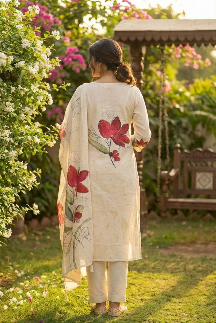 Neerus Maroon linen printed suit set - detail view 2