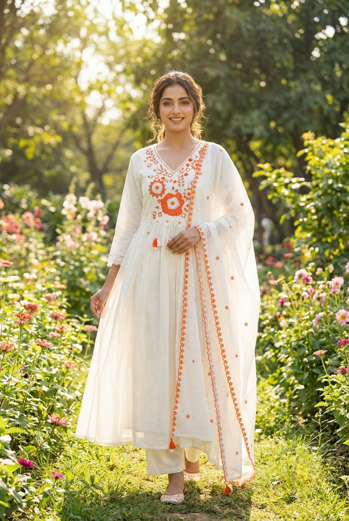 Neerus Orange cotton hand embroidered suit set - front view