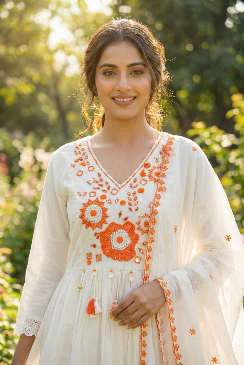 Neerus Orange cotton hand embroidered suit set - back view