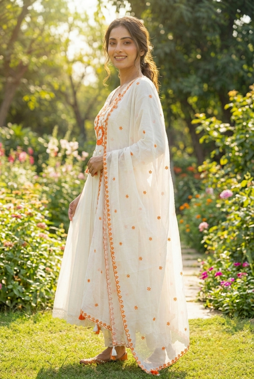 Neerus Orange cotton hand embroidered suit set - side view
