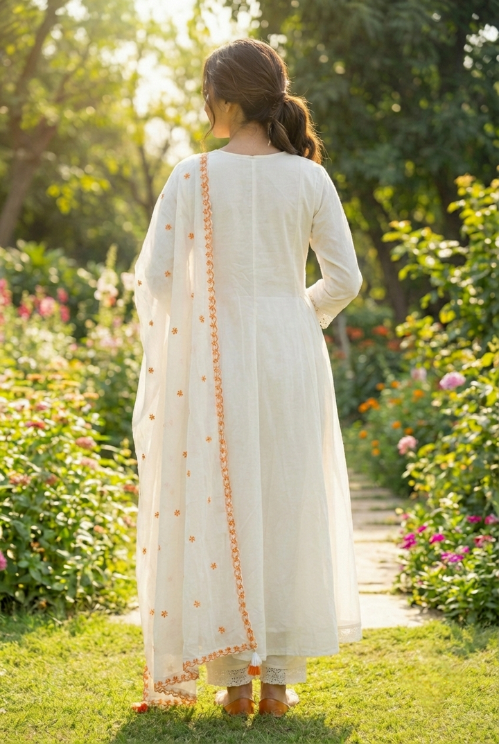 Neerus Orange cotton hand embroidered suit set - detail view 1