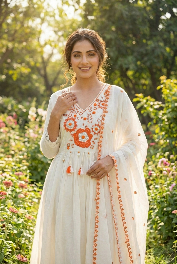 Neerus Orange cotton hand embroidered suit set - detail view 2