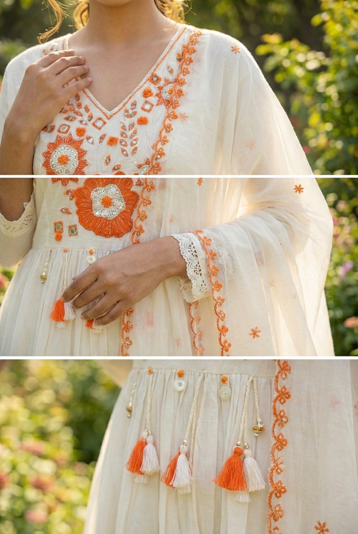 Neerus Orange cotton hand embroidered suit set - detail view 3