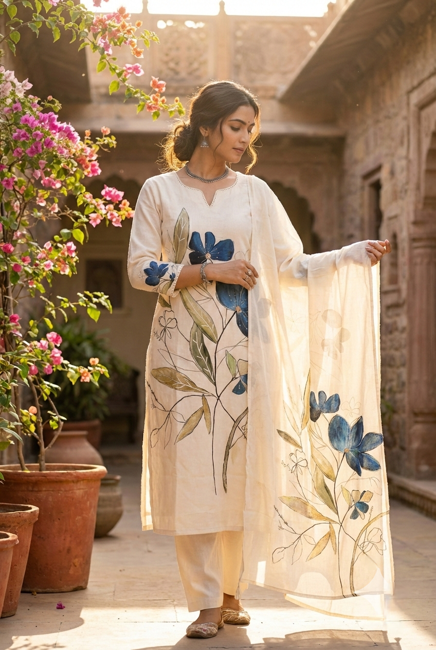 Neerus Blue linen printed suit set - front view