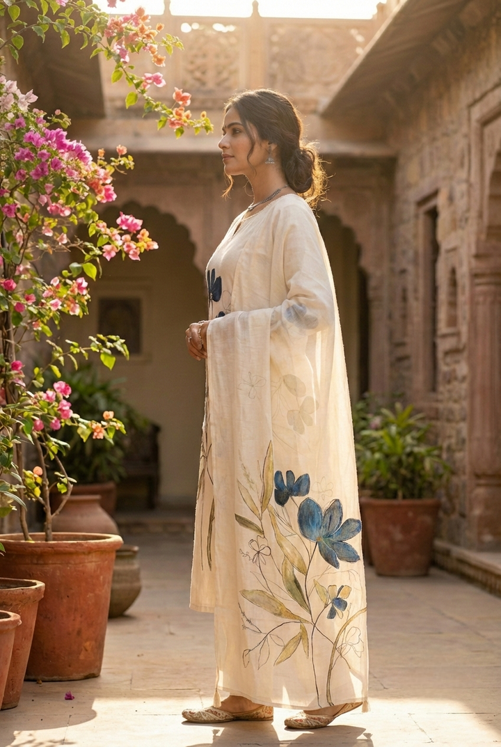 Neerus Blue linen printed suit set - side view