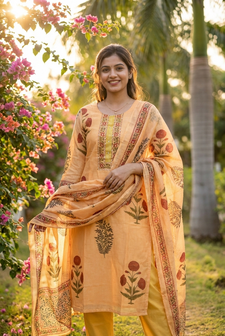 Neerus Gold cotton printed suit set - back view