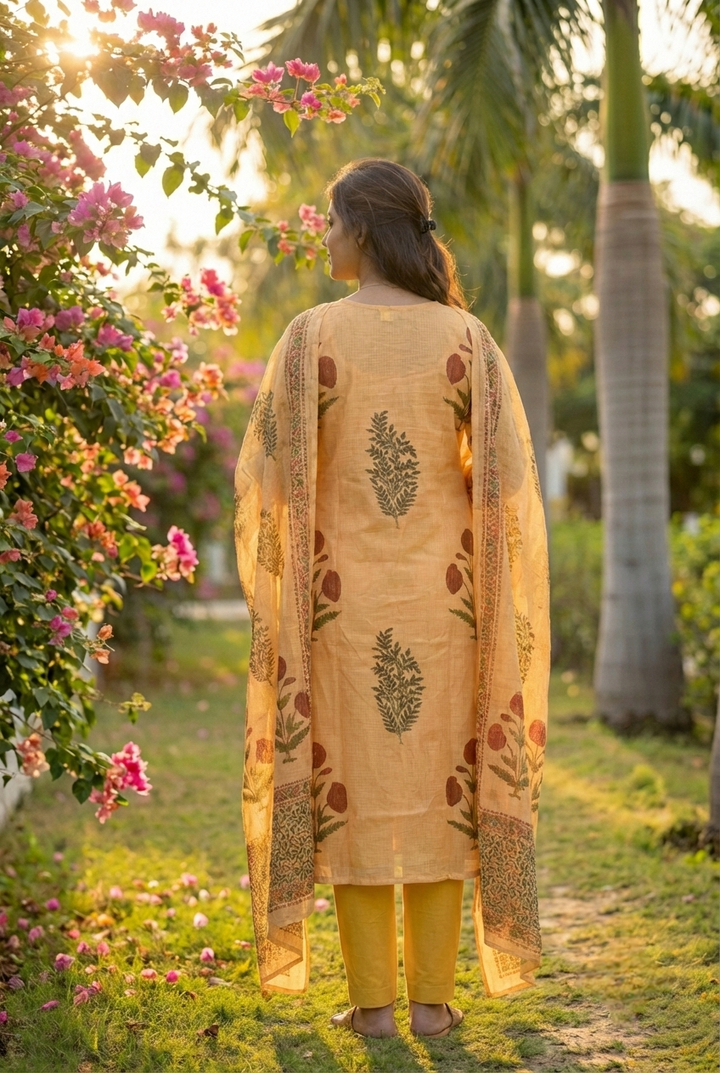 Neerus Gold cotton printed suit set - side view
