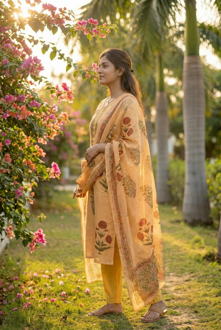 Neerus Gold cotton printed suit set - detail view 1