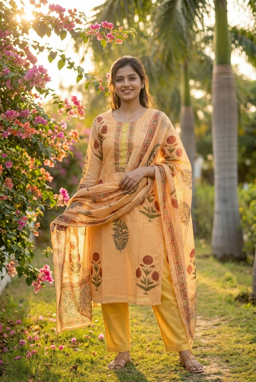 Neerus Gold cotton printed suit set - front view