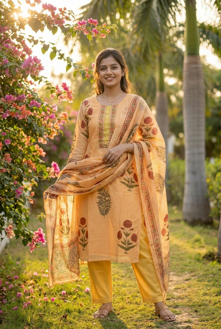 Neerus Gold cotton printed suit set - front view