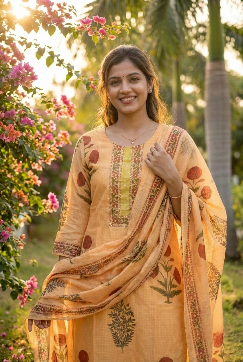 Neerus Gold cotton printed suit set - detail view 2