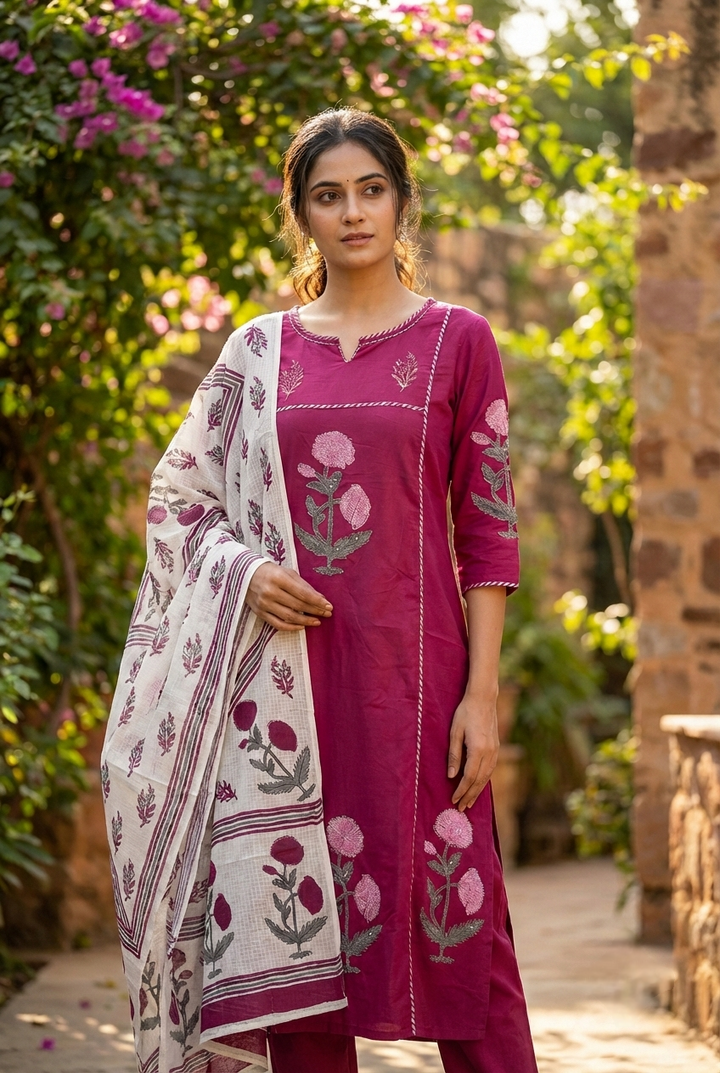 Wine Cotton Floral Printed Three Piece Set