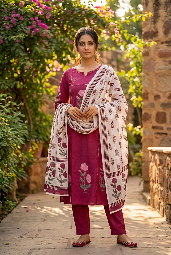 Wine Cotton Floral Printed Three Piece Set