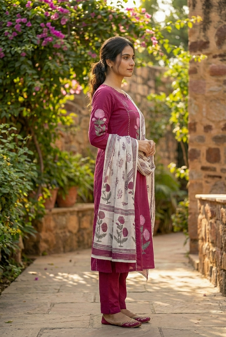 Wine Cotton Floral Printed Three Piece Set