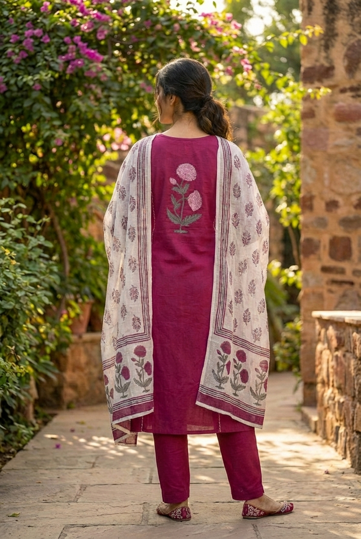 Wine Cotton Floral Printed Three Piece Set