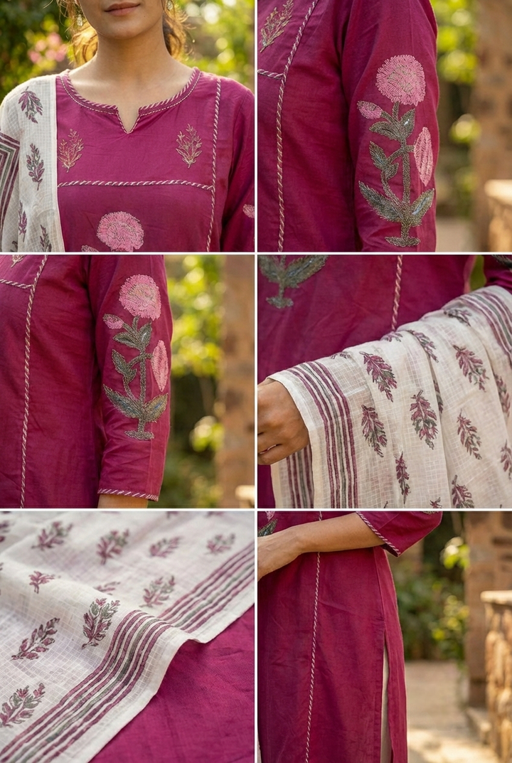 Wine Cotton Floral Printed Three Piece Set