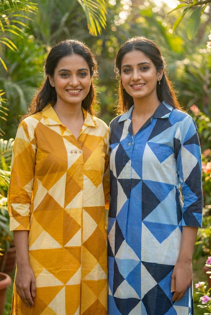 Blue Cotton Printed Two Piece Set