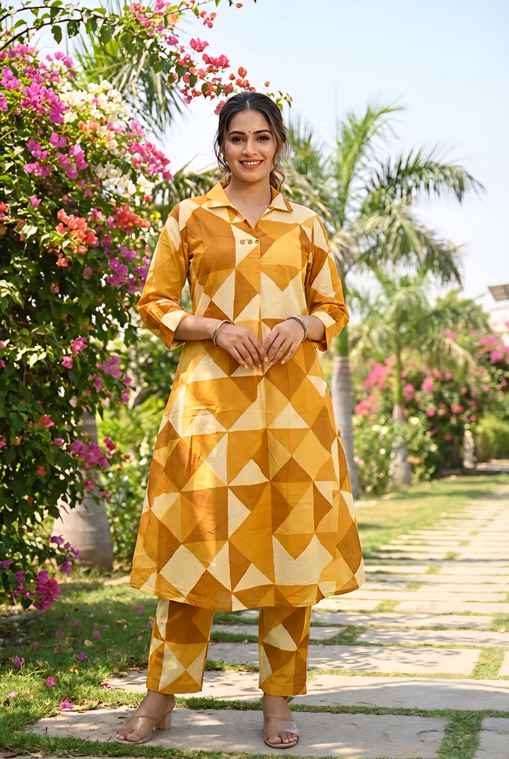 Mustard Cotton Printed Two Piece Set