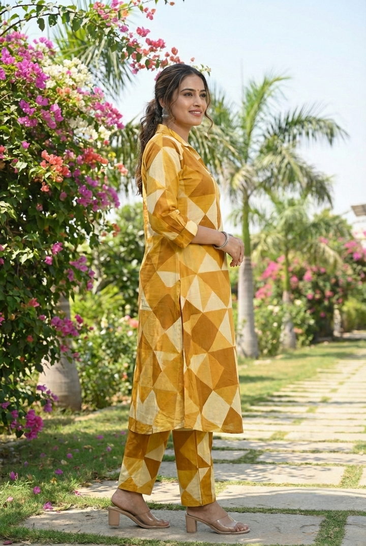 Mustard Cotton Printed Two Piece Set