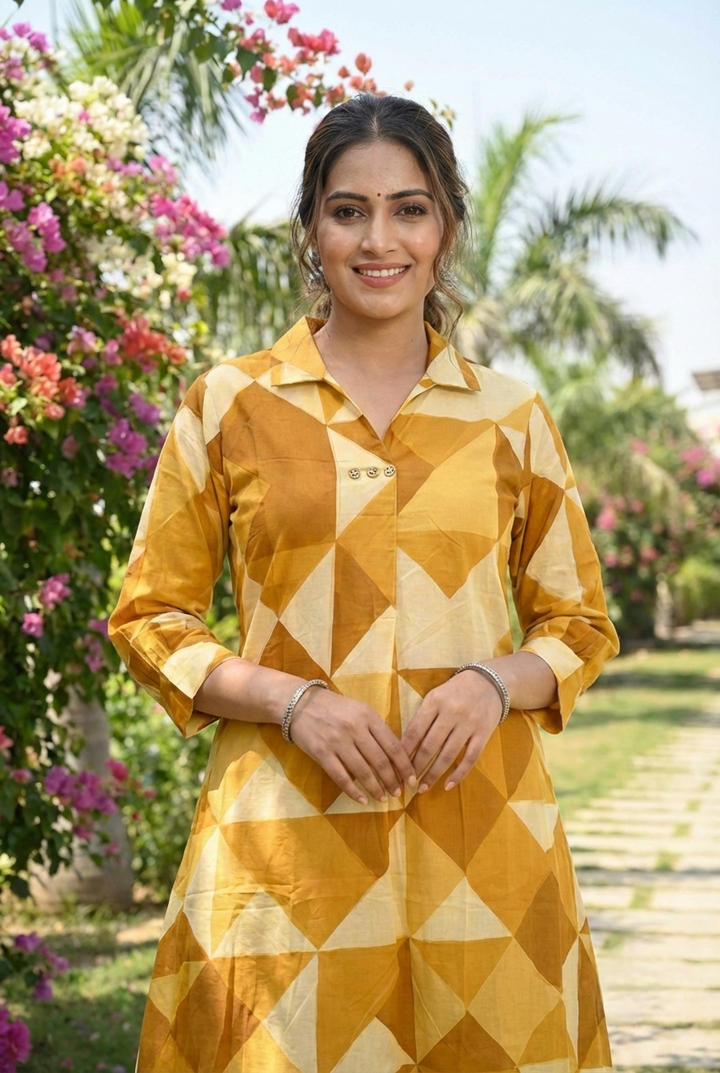 Mustard Cotton Printed Two Piece Set