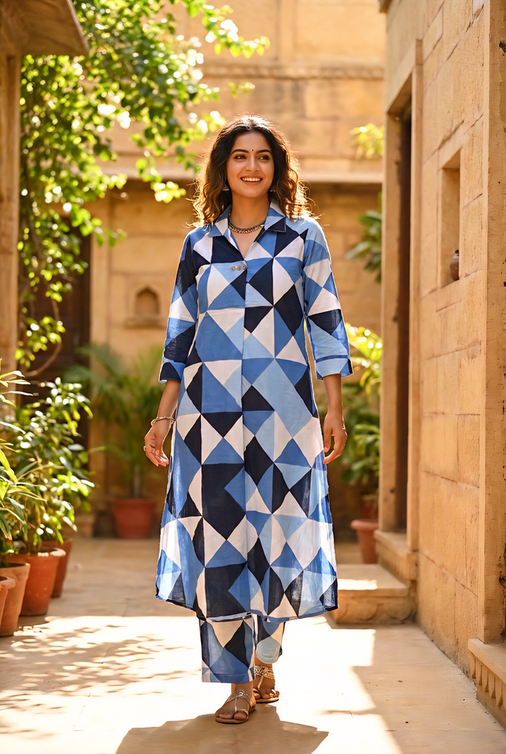 Blue Cotton Printed Two Piece Set