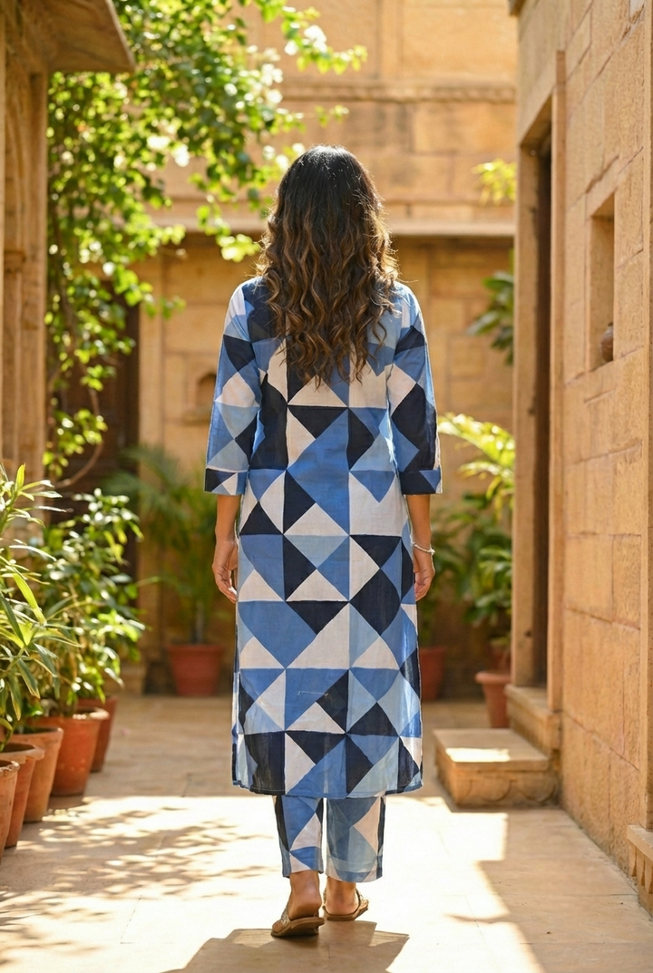 Blue Cotton Printed Two Piece Set