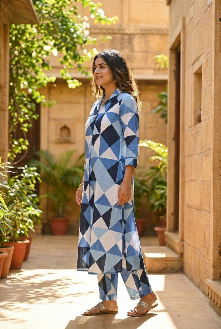 Blue Cotton Printed Two Piece Set